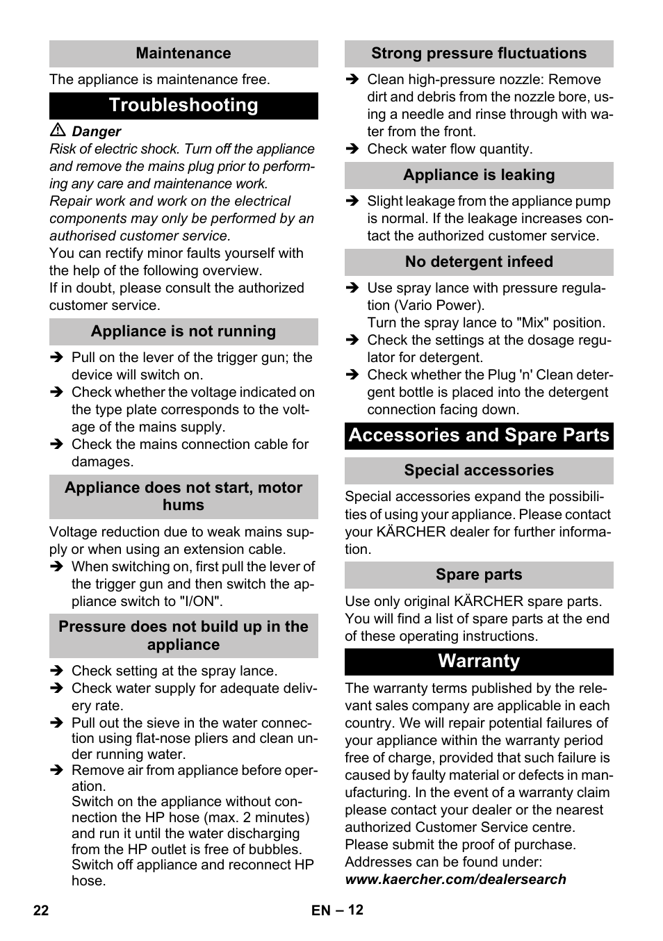 Maintenance, Troubleshooting, Appliance is not running | Appliance does not start, motor hums, Pressure does not build up in the appliance, Strong pressure fluctuations, Appliance is leaking, No detergent infeed, Accessories and spare parts, Special accessories | Karcher K 5 Premium Offroad User Manual | Page 22 / 50