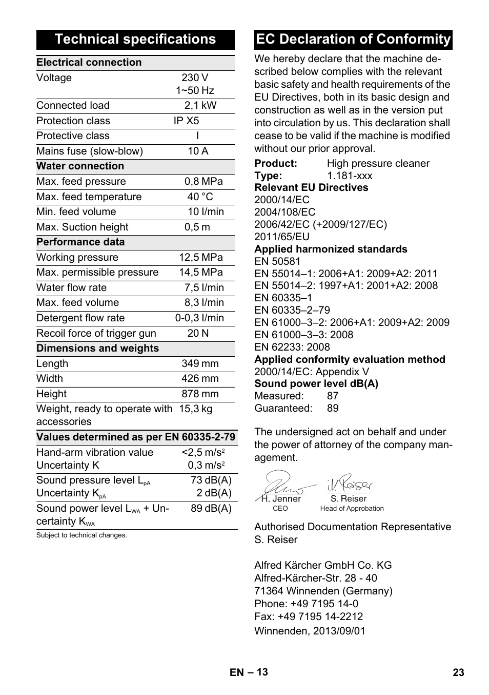 Technical specifications, Ec declaration of conformity | Karcher K 5 Premium Offroad User Manual | Page 23 / 50