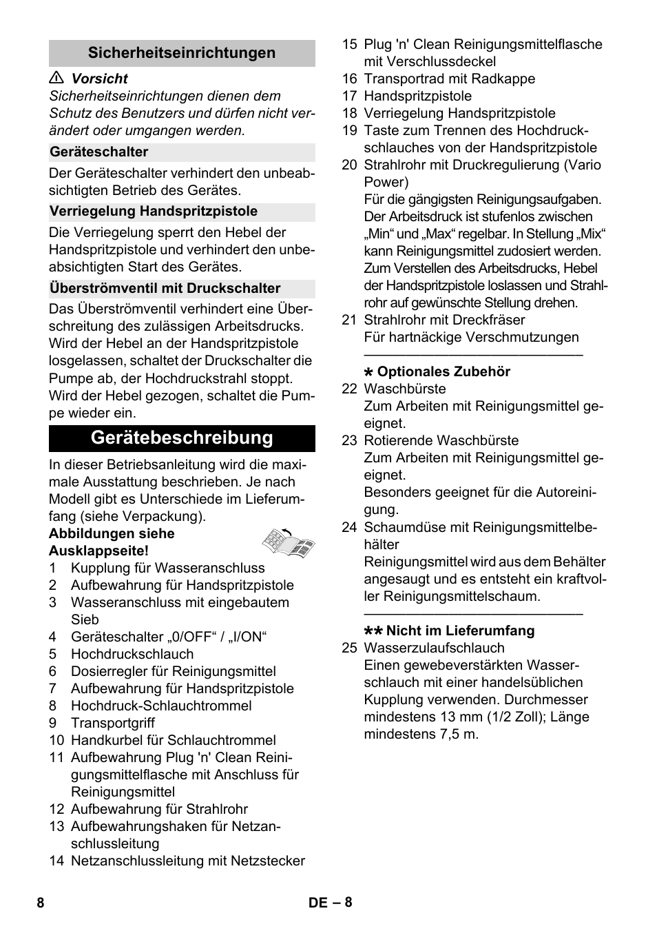 Sicherheitseinrichtungen, Geräteschalter, Verriegelung handspritzpistole | Überströmventil mit druckschalter, Gerätebeschreibung | Karcher K 5 Premium Offroad User Manual | Page 8 / 50