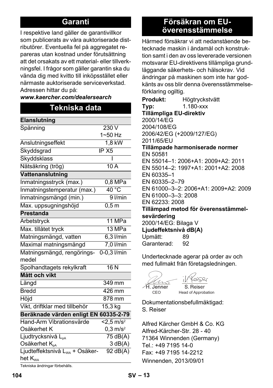 Garanti, Tekniska data, Försäkran om eu- överensstämmelse | Garanti tekniska data | Karcher K 4 Premium User Manual | Page 104 / 294