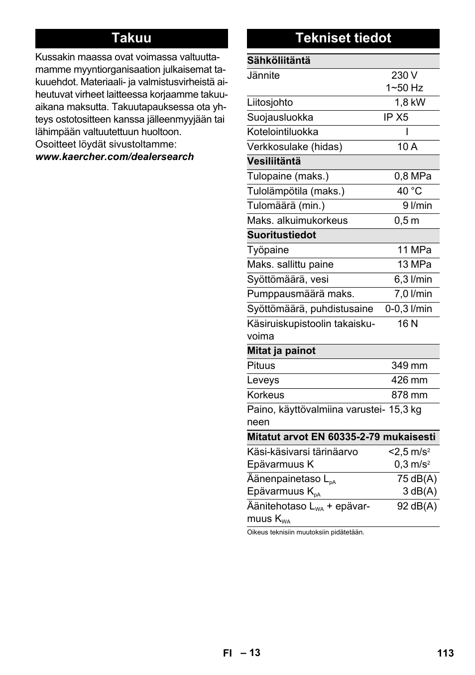 Takuu, Tekniset tiedot, Takuu tekniset tiedot | Karcher K 4 Premium User Manual | Page 113 / 294