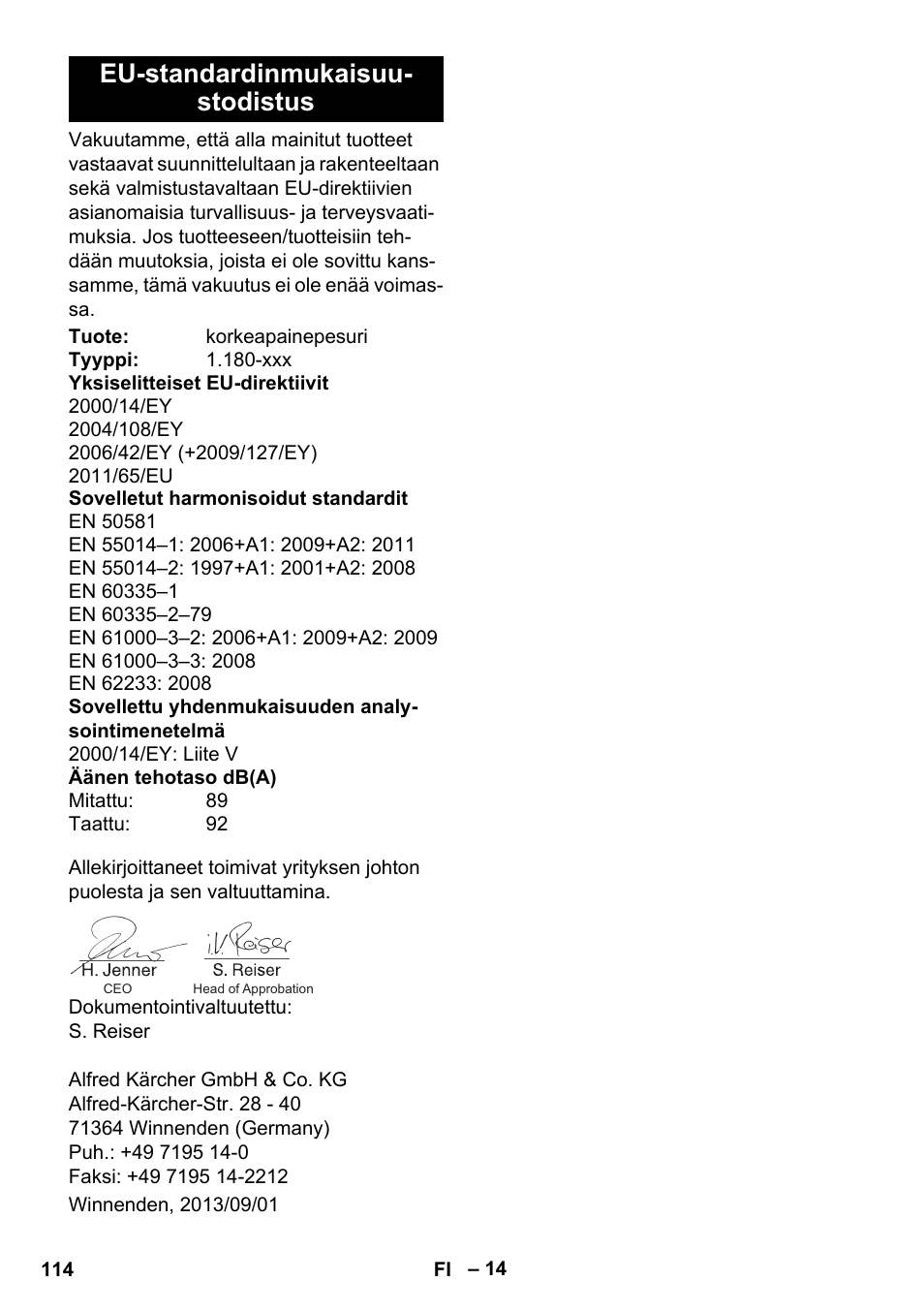 Eu-standardinmukaisuu- stodistus | Karcher K 4 Premium User Manual | Page 114 / 294