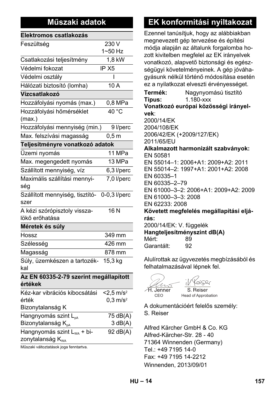 Műszaki adatok, Ek konformitási nyiltakozat | Karcher K 4 Premium User Manual | Page 157 / 294