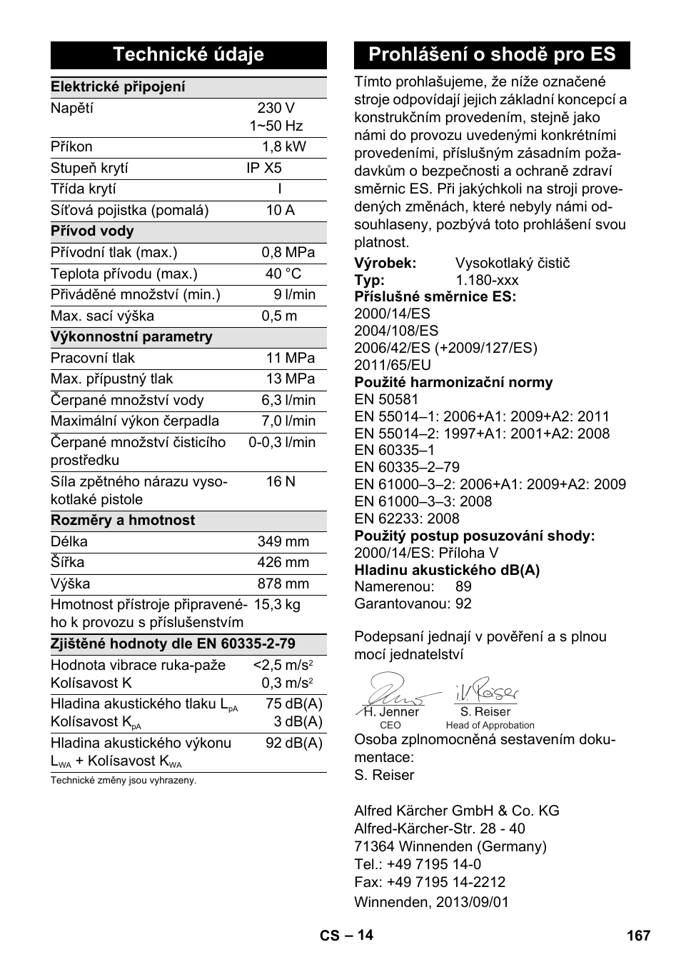 Technické údaje, Prohlášení o shodě pro es | Karcher K 4 Premium User Manual | Page 167 / 294
