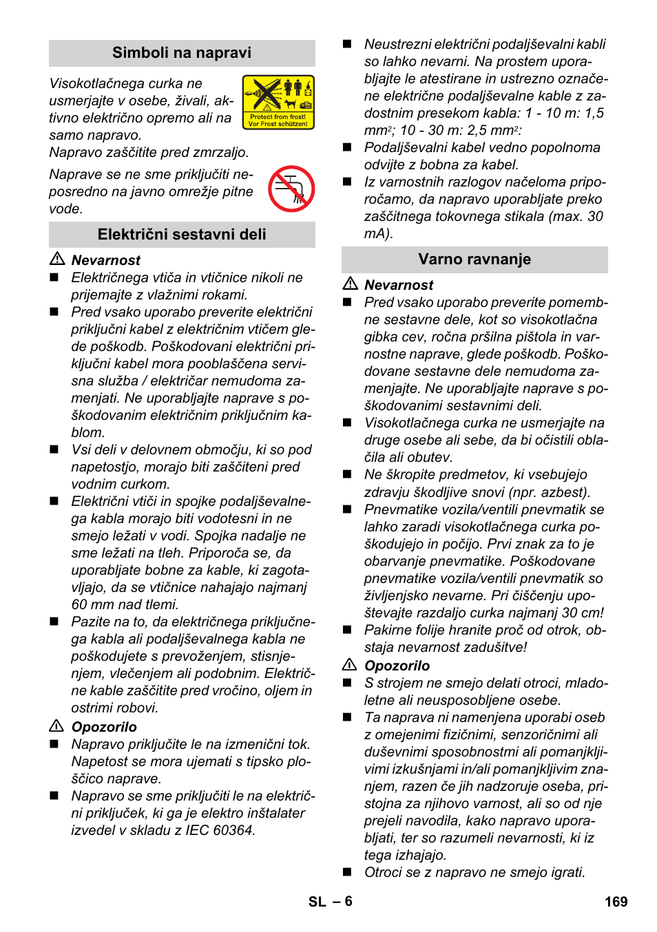 Simboli na napravi, Električni sestavni deli, Varno ravnanje | Karcher K 4 Premium User Manual | Page 169 / 294