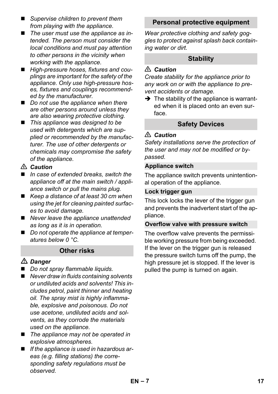 Other risks, Personal protective equipment, Stability | Safety devices, Appliance switch, Lock trigger gun, Overflow valve with pressure switch | Karcher K 4 Premium User Manual | Page 17 / 294