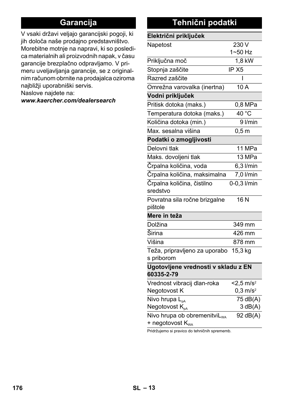Garancija, Tehnični podatki, Garancija tehnični podatki | Karcher K 4 Premium User Manual | Page 176 / 294