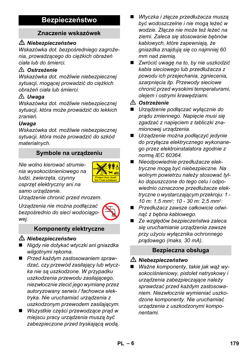 Bezpieczeństwo, Znaczenie wskazówek, Symbole na urządzeniu | Komponenty elektryczne, Bezpieczna obsługa | Karcher K 4 Premium User Manual | Page 179 / 294