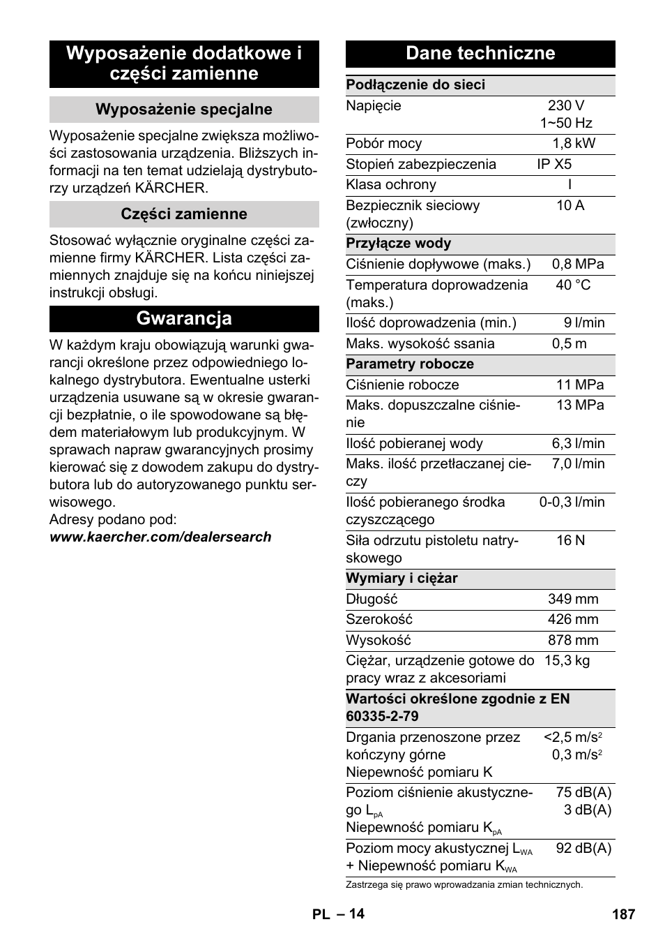 Wyposażenie dodatkowe i części zamienne, Wyposażenie specjalne, Części zamienne | Gwarancja, Dane techniczne, Gwarancja dane techniczne | Karcher K 4 Premium User Manual | Page 187 / 294