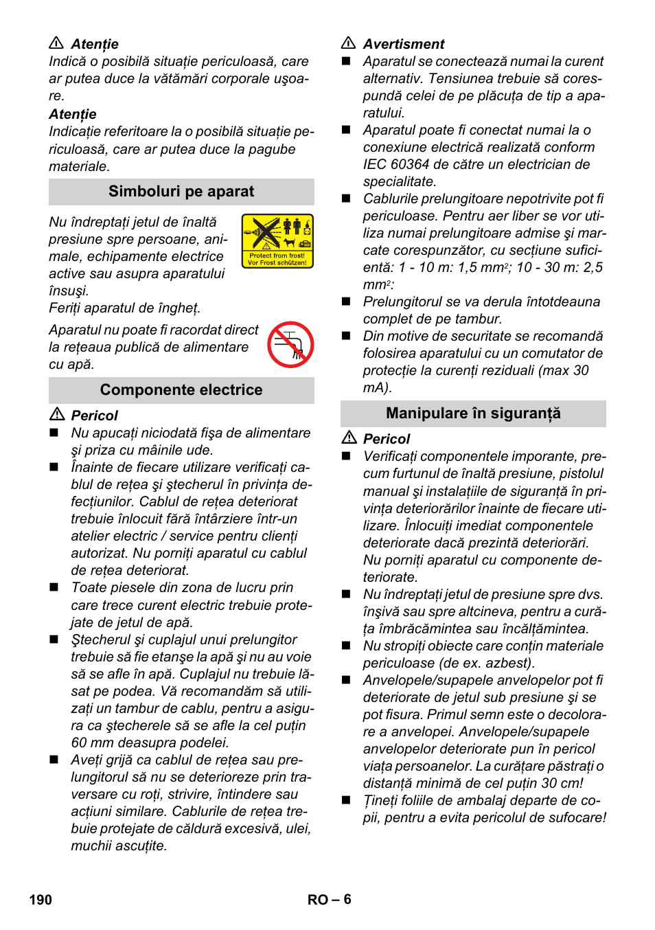 Simboluri pe aparat, Componente electrice, Manipulare în siguranţă | Karcher K 4 Premium User Manual | Page 190 / 294