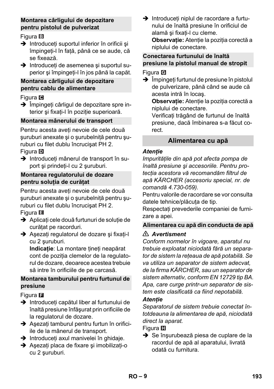 Montarea mânerului de transport, Montarea tamburului pentru furtunul de presiune, Alimentarea cu apă | Alimentarea cu apă din conducta de apă | Karcher K 4 Premium User Manual | Page 193 / 294