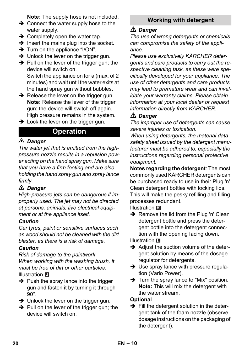 Operation, Working with detergent | Karcher K 4 Premium User Manual | Page 20 / 294