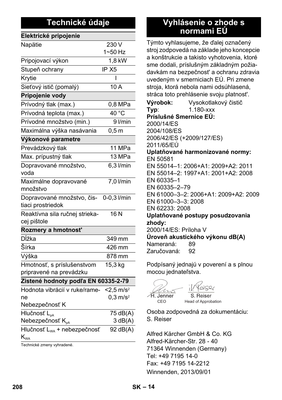 Technické údaje, Vyhlásenie o zhode s normami eú | Karcher K 4 Premium User Manual | Page 208 / 294