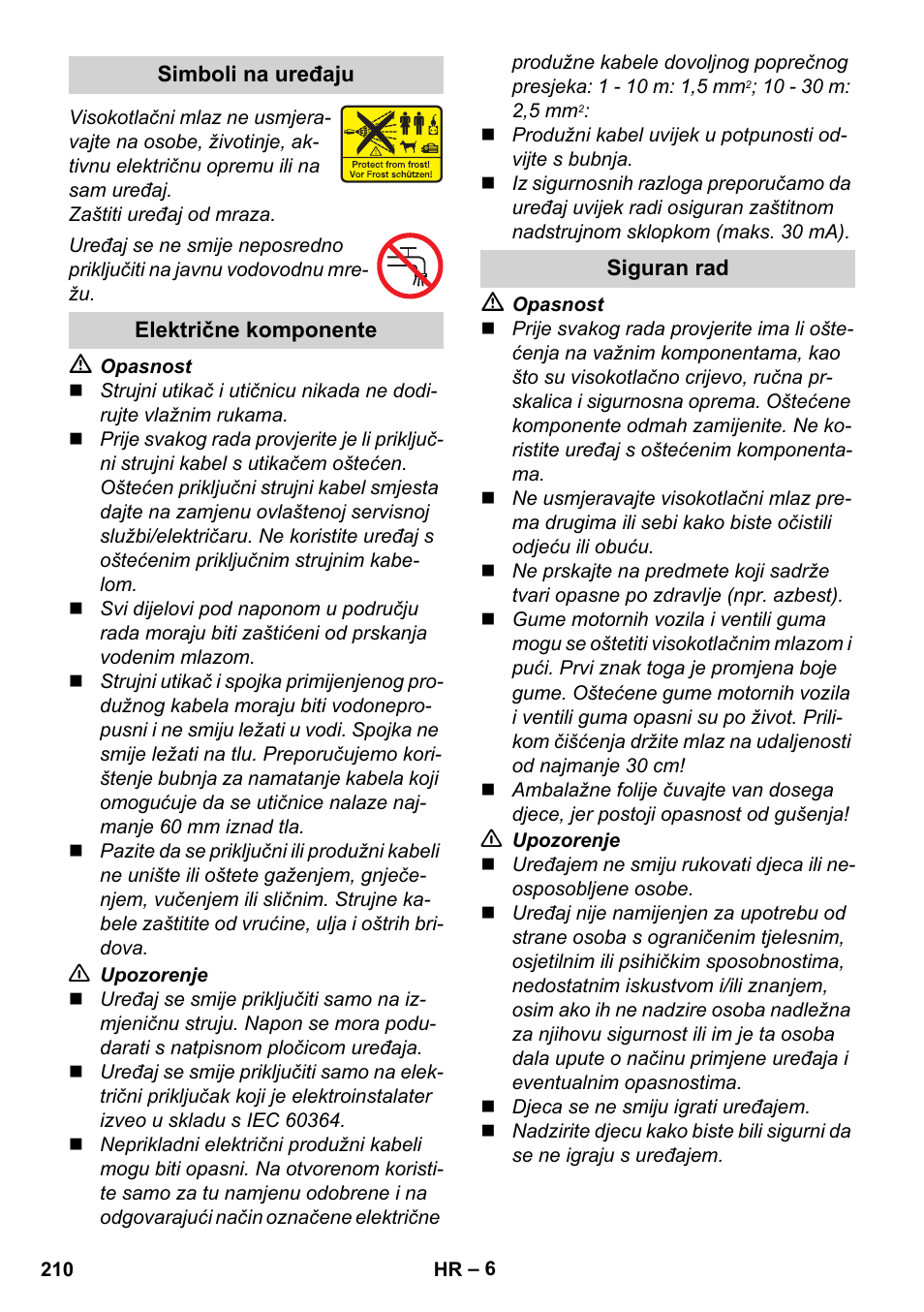 Simboli na uređaju, Električne komponente, Siguran rad | Karcher K 4 Premium User Manual | Page 210 / 294