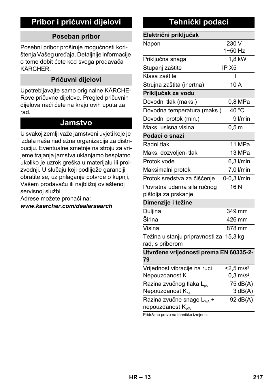 Pribor i pričuvni dijelovi, Poseban pribor, Pričuvni dijelovi | Jamstvo, Tehnički podaci, Jamstvo tehnički podaci | Karcher K 4 Premium User Manual | Page 217 / 294