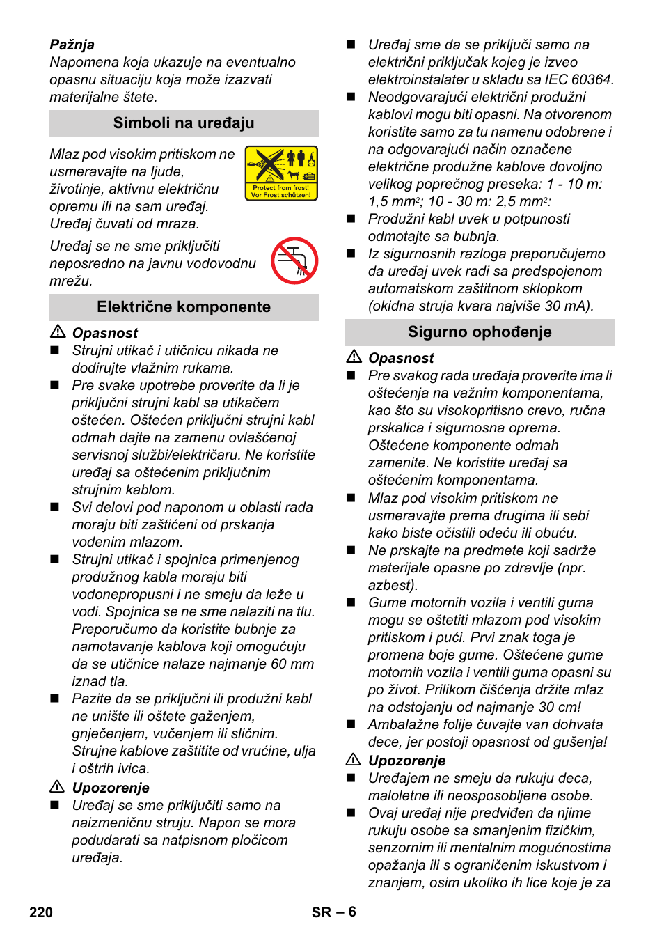 Simboli na uređaju, Električne komponente, Sigurno ophođenje | Karcher K 4 Premium User Manual | Page 220 / 294