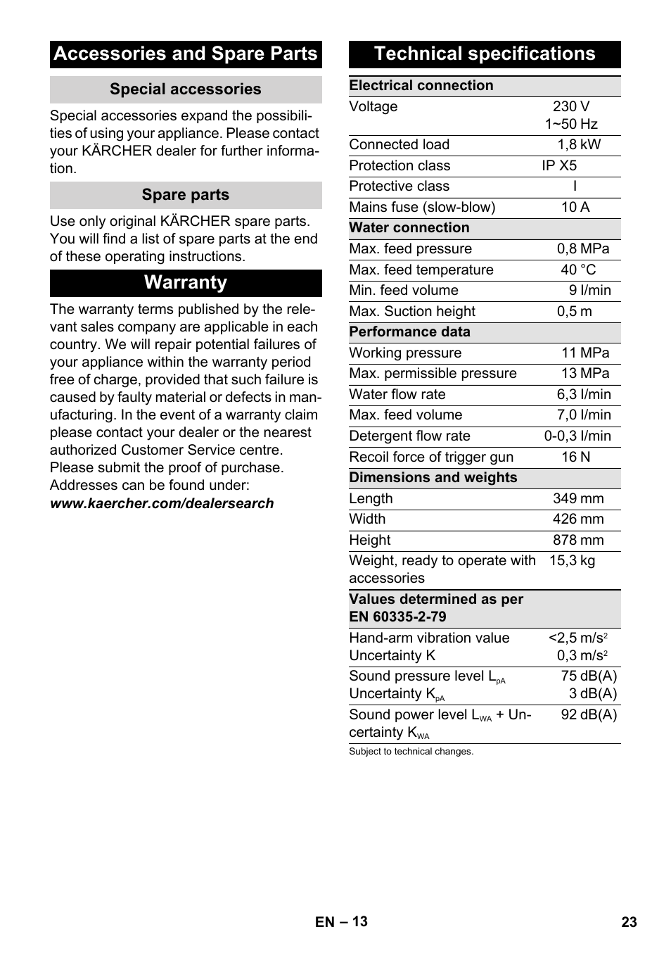 Accessories and spare parts, Special accessories, Spare parts | Warranty, Technical specifications, Warranty technical specifications | Karcher K 4 Premium User Manual | Page 23 / 294