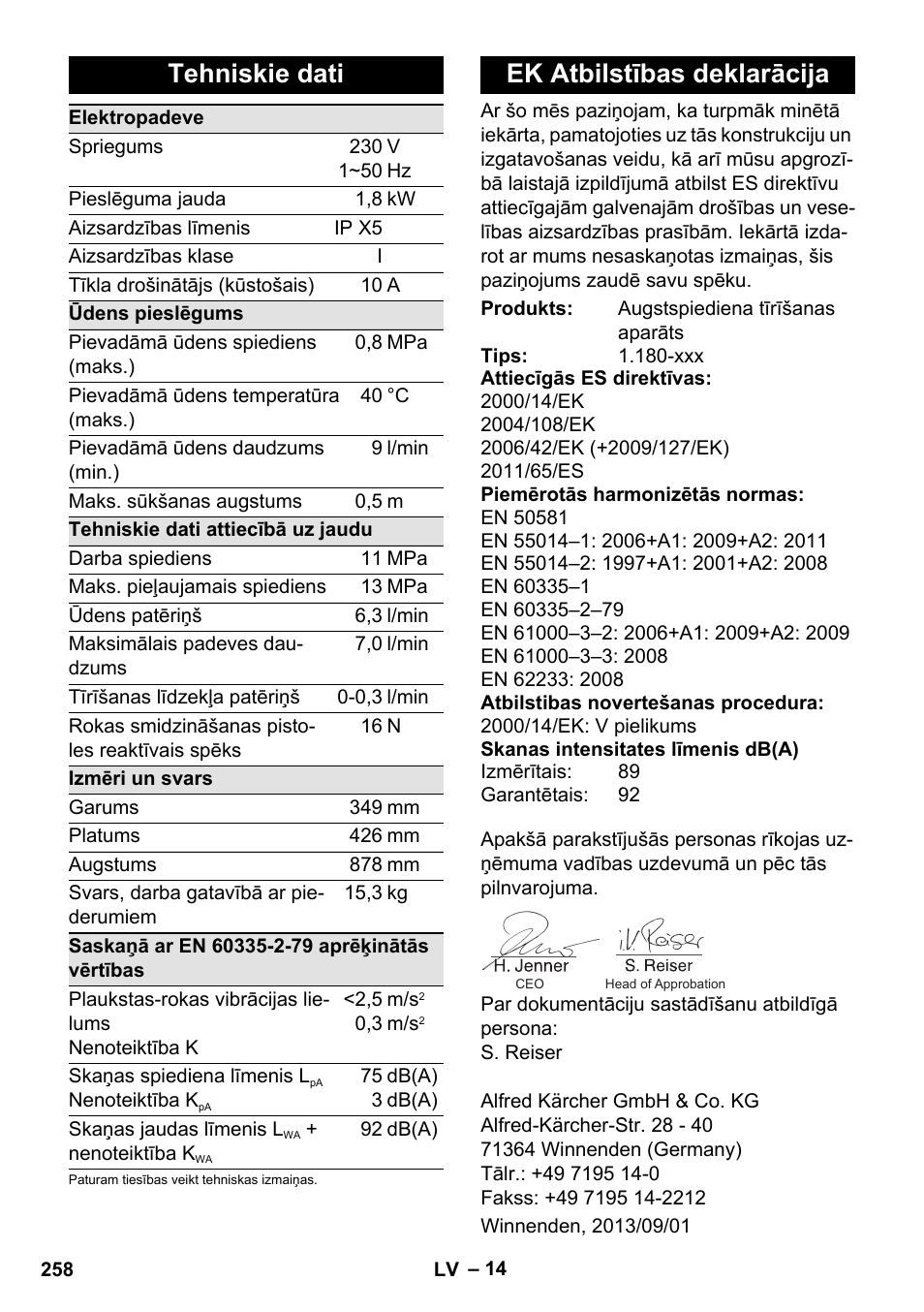 Tehniskie dati, Ek atbilstības deklarācija | Karcher K 4 Premium User Manual | Page 258 / 294