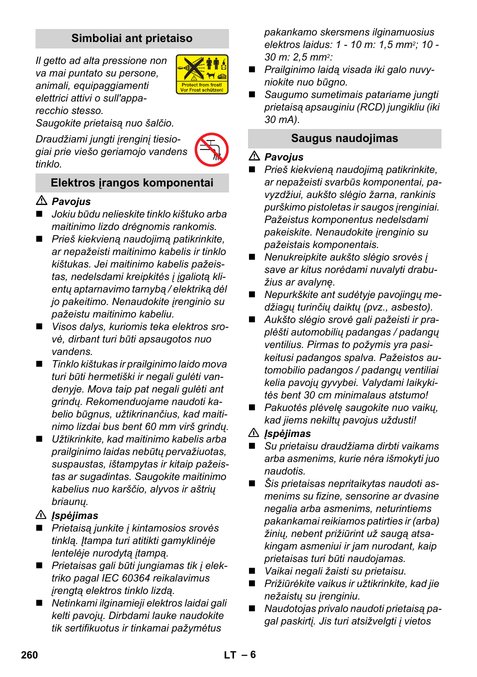 Simboliai ant prietaiso, Elektros įrangos komponentai, Saugus naudojimas | Karcher K 4 Premium User Manual | Page 260 / 294