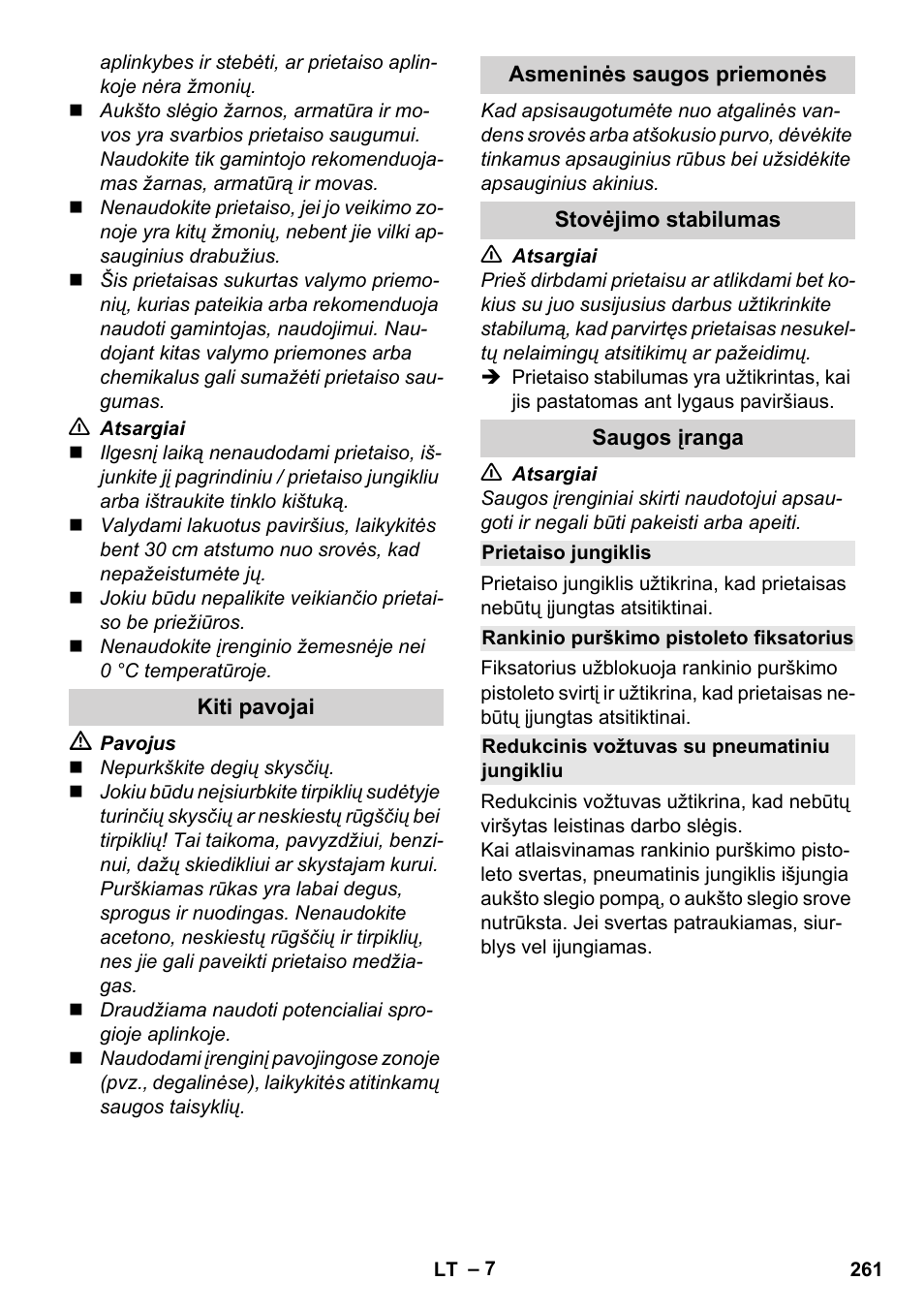 Kiti pavojai, Asmeninės saugos priemonės, Stovėjimo stabilumas | Saugos įranga, Prietaiso jungiklis, Rankinio purškimo pistoleto fiksatorius, Redukcinis vožtuvas su pneumatiniu jungikliu | Karcher K 4 Premium User Manual | Page 261 / 294