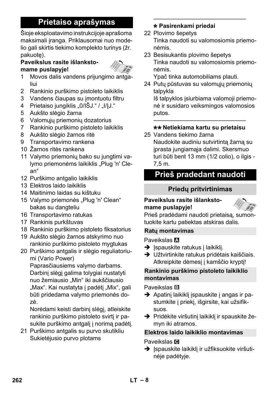 Prietaiso aprašymas, Prieš pradedant naudoti, Priedų pritvirtinimas | Ratų montavimas, Rankinio purškimo pistoleto laikiklio montavimas, Elektros laido laikiklio montavimas, Prietaiso aprašymas prieš pradedant naudoti | Karcher K 4 Premium User Manual | Page 262 / 294