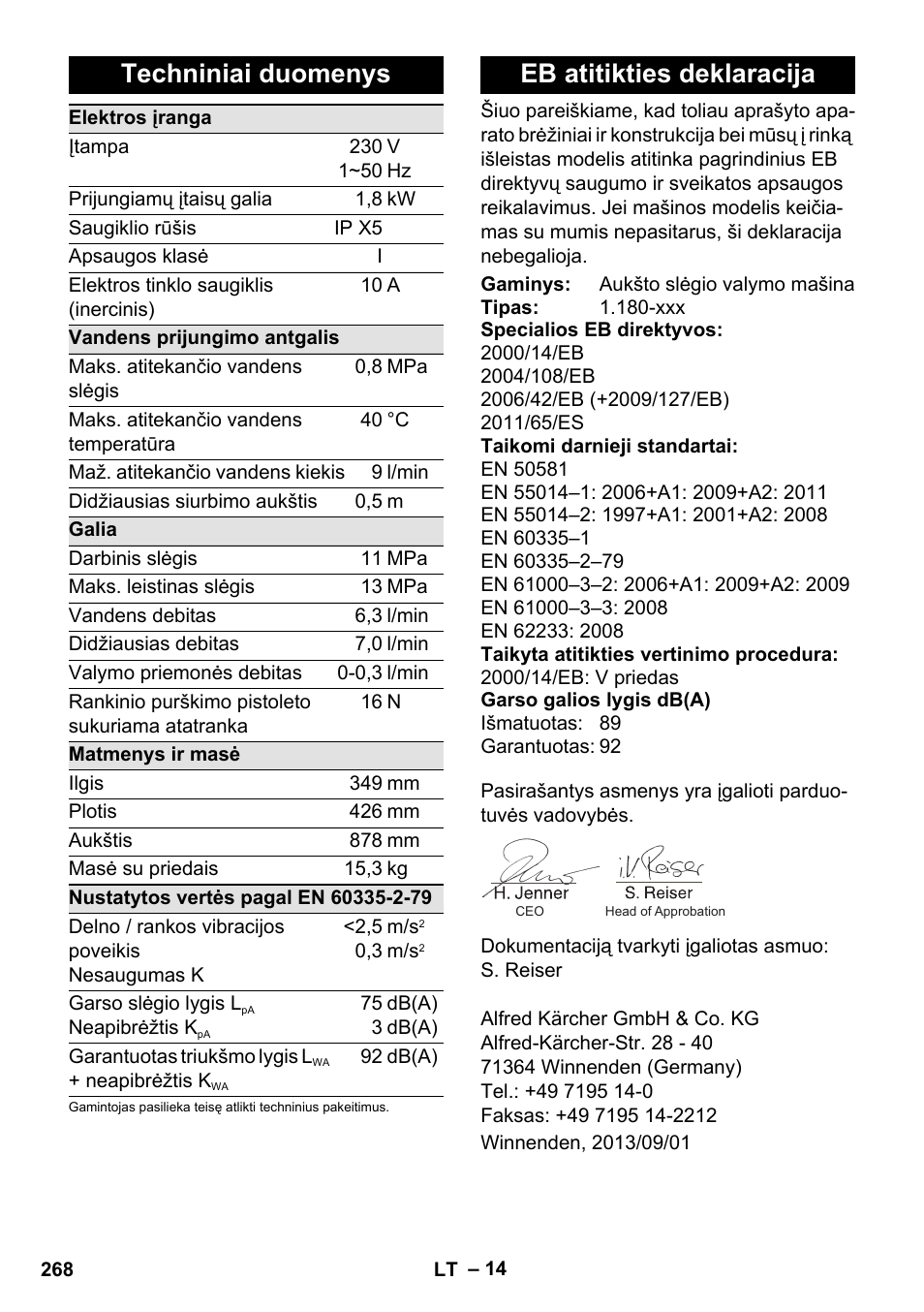 Techniniai duomenys, Eb atitikties deklaracija | Karcher K 4 Premium User Manual | Page 268 / 294