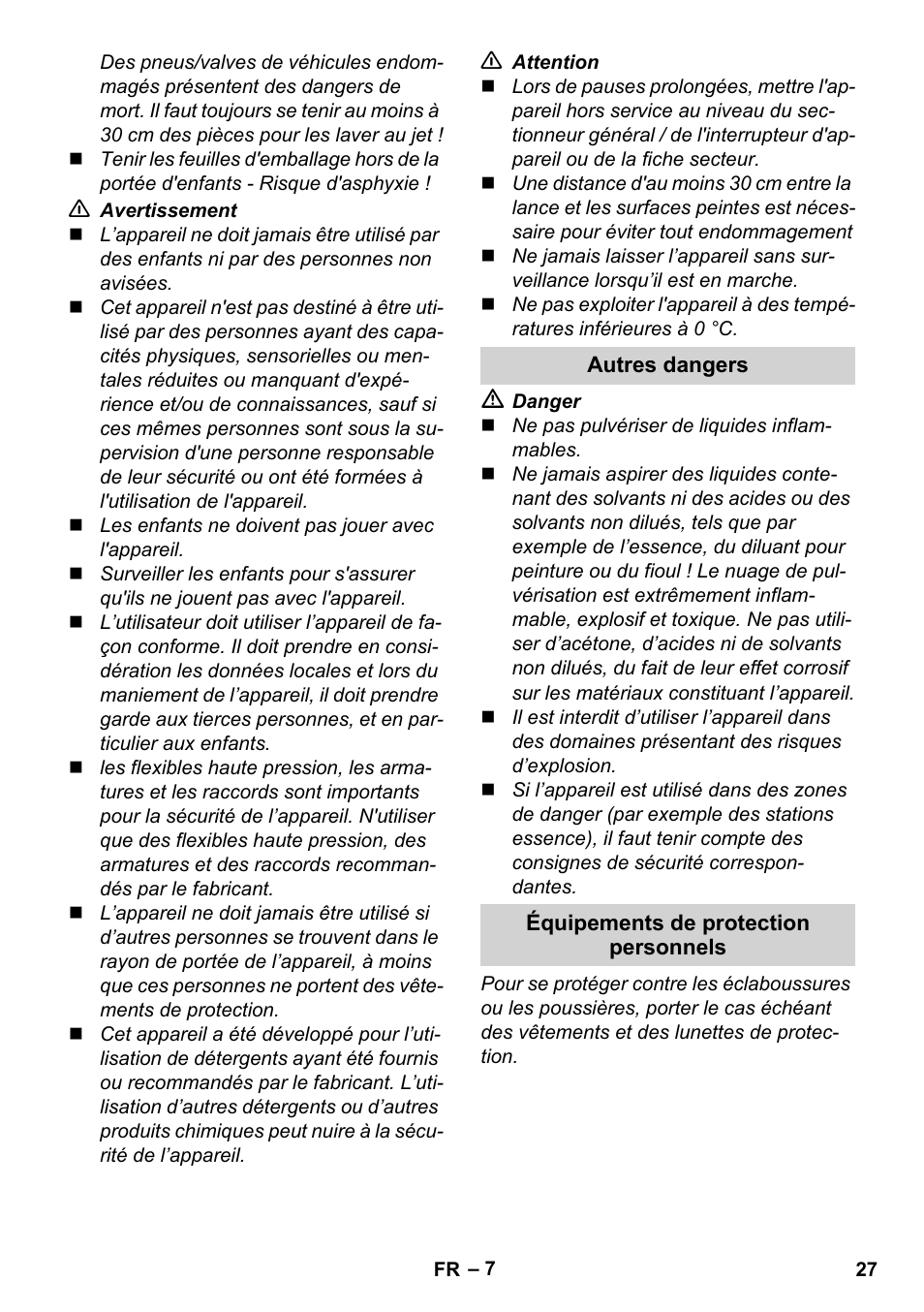 Autres dangers, Équipements de protection personnels | Karcher K 4 Premium User Manual | Page 27 / 294