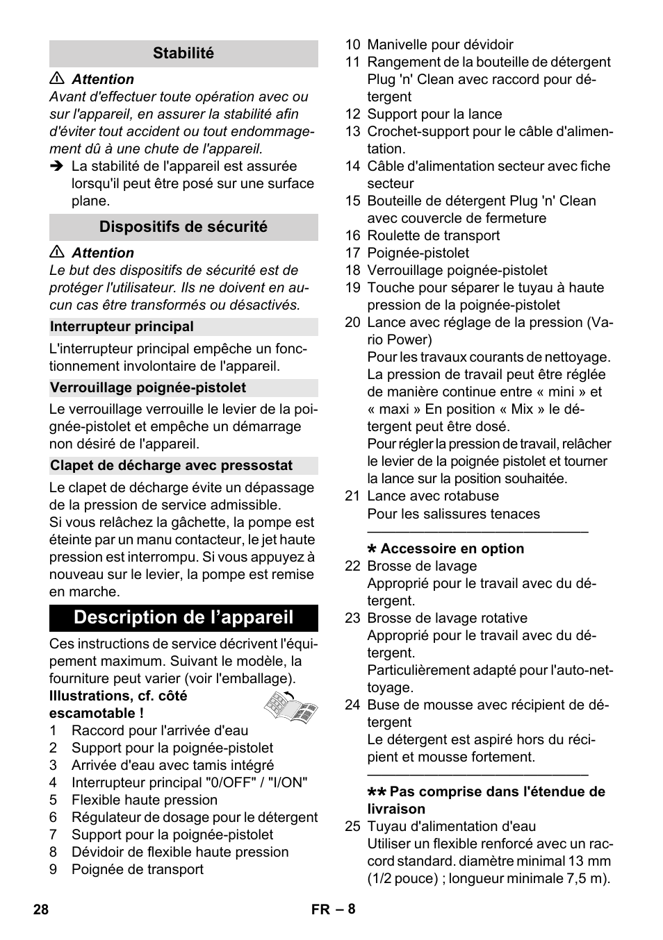 Stabilité, Dispositifs de sécurité, Interrupteur principal | Verrouillage poignée-pistolet, Clapet de décharge avec pressostat, Description de l’appareil | Karcher K 4 Premium User Manual | Page 28 / 294