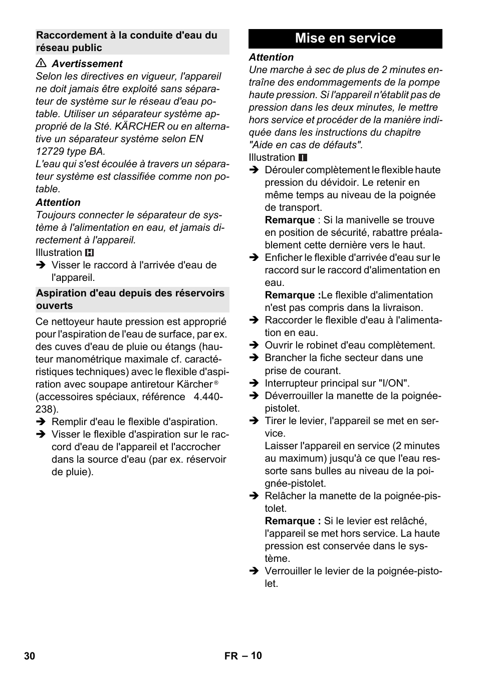 Raccordement à la conduite d'eau du réseau public, Aspiration d'eau depuis des réservoirs ouverts, Mise en service | Karcher K 4 Premium User Manual | Page 30 / 294