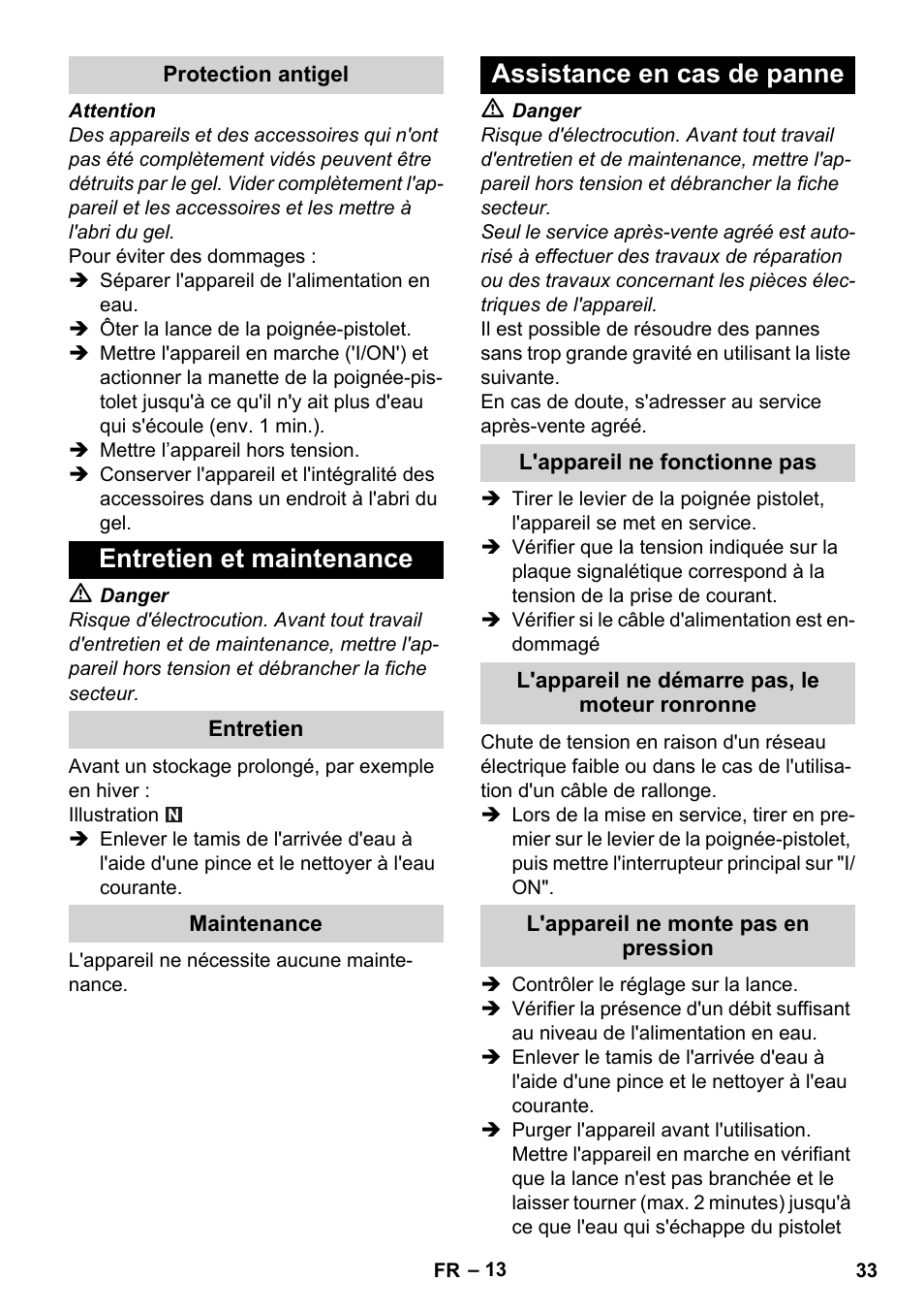 Protection antigel, Entretien et maintenance, Entretien | Maintenance, Assistance en cas de panne, L'appareil ne fonctionne pas, L'appareil ne démarre pas, le moteur ronronne, L'appareil ne monte pas en pression | Karcher K 4 Premium User Manual | Page 33 / 294