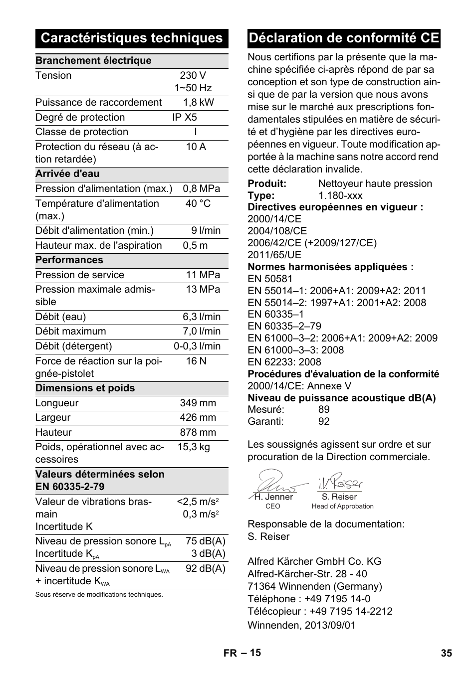 Caractéristiques techniques, Déclaration de conformité ce | Karcher K 4 Premium User Manual | Page 35 / 294