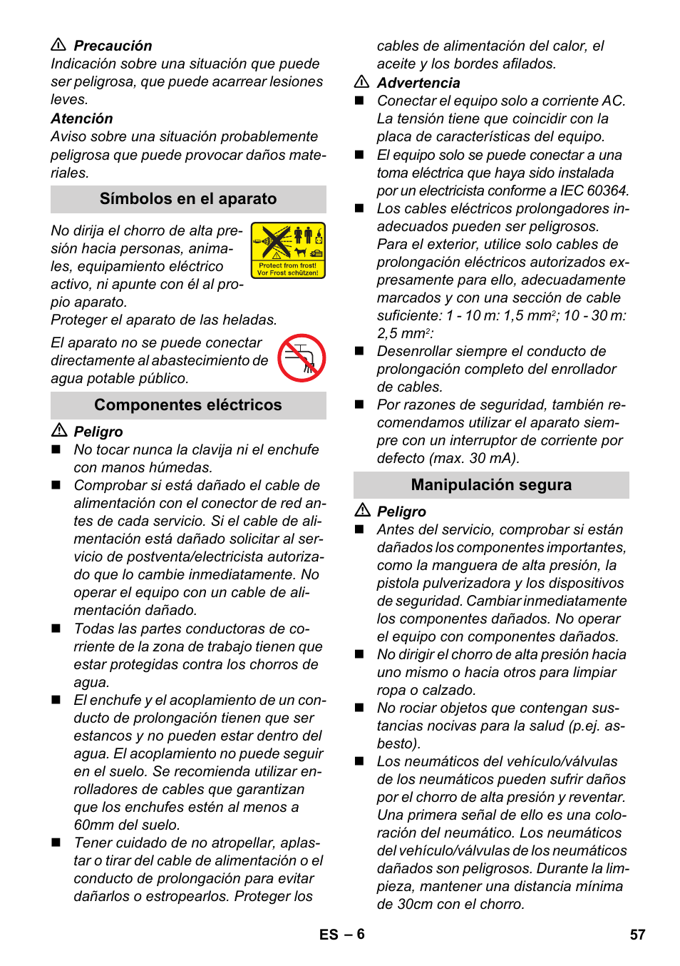 Símbolos en el aparato, Componentes eléctricos, Manipulación segura | Karcher K 4 Premium User Manual | Page 57 / 294