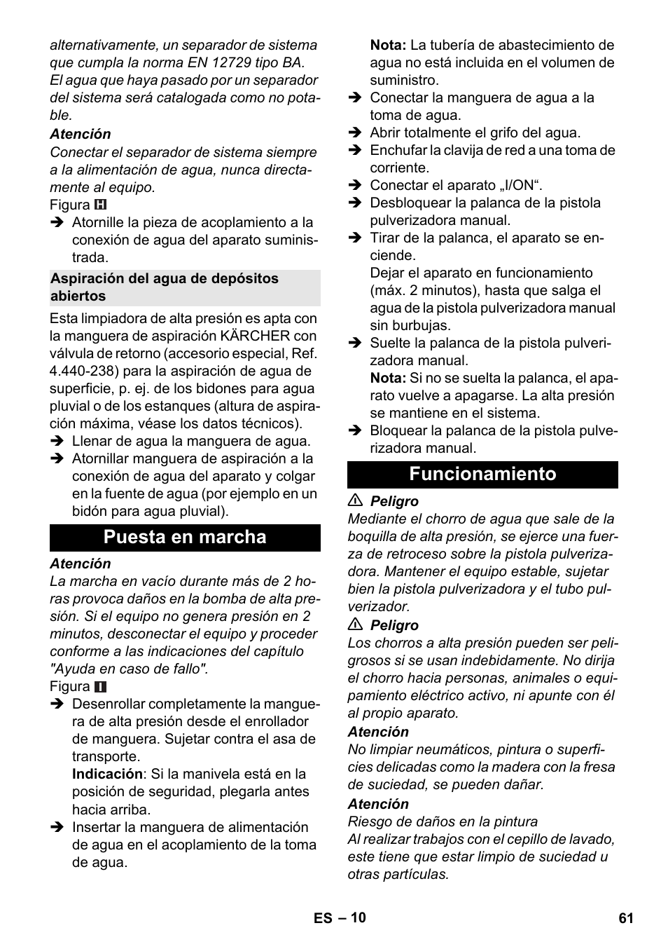 Aspiración del agua de depósitos abiertos, Puesta en marcha, Funcionamiento | Puesta en marcha funcionamiento | Karcher K 4 Premium User Manual | Page 61 / 294