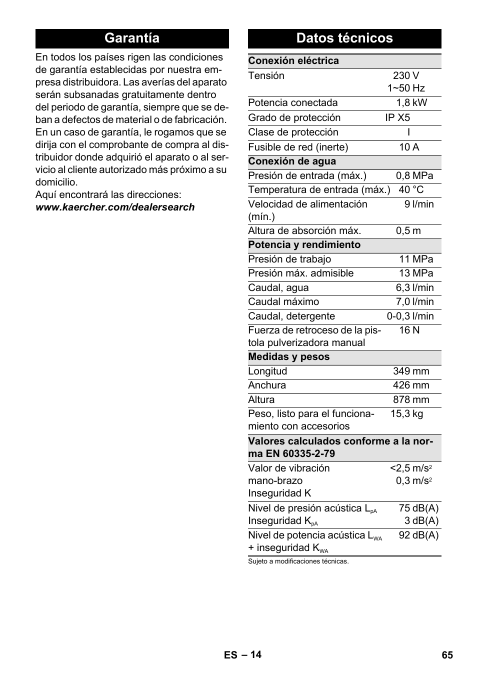 Garantía, Datos técnicos, Garantía datos técnicos | Karcher K 4 Premium User Manual | Page 65 / 294