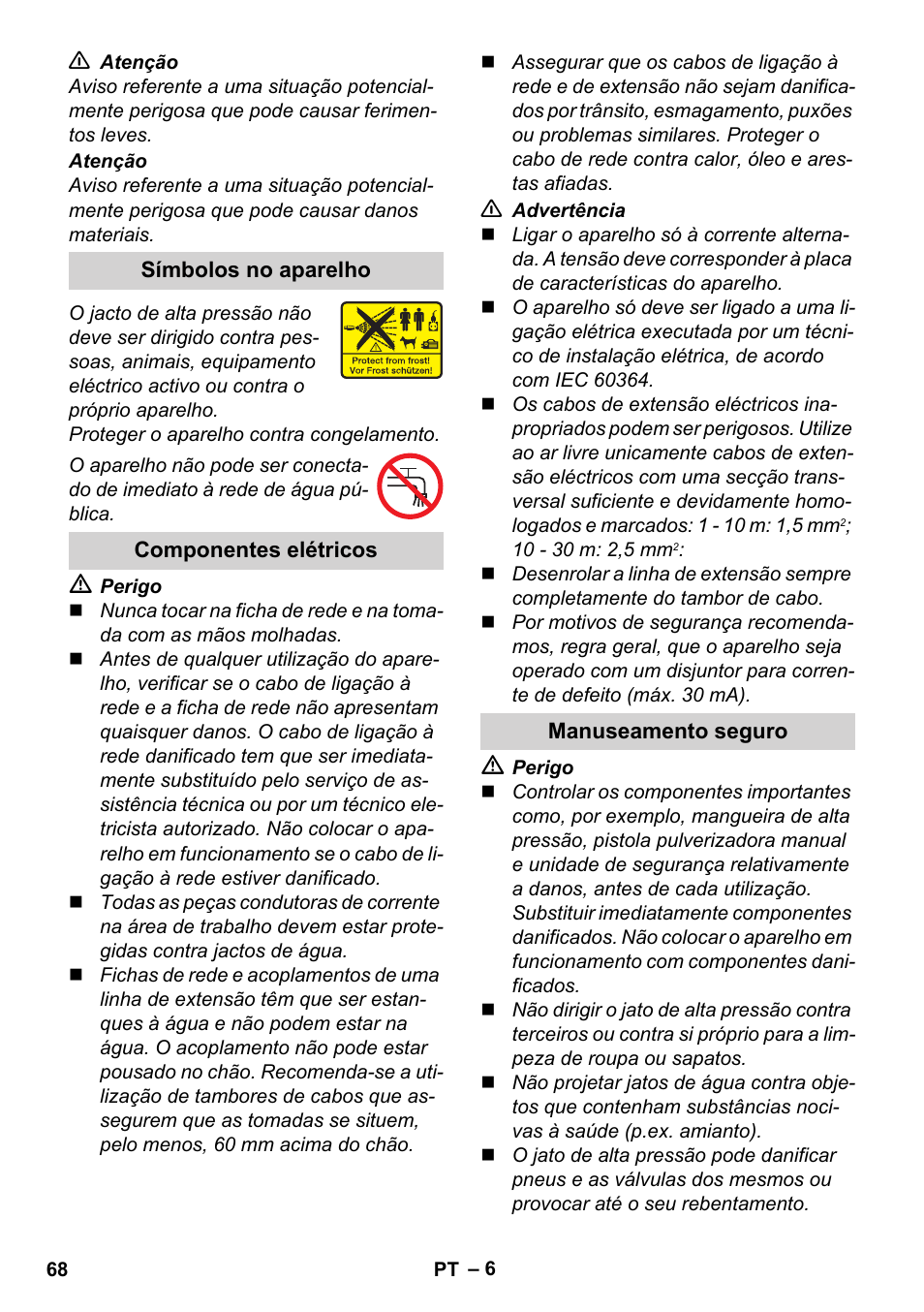 Símbolos no aparelho, Componentes elétricos, Manuseamento seguro | Karcher K 4 Premium User Manual | Page 68 / 294