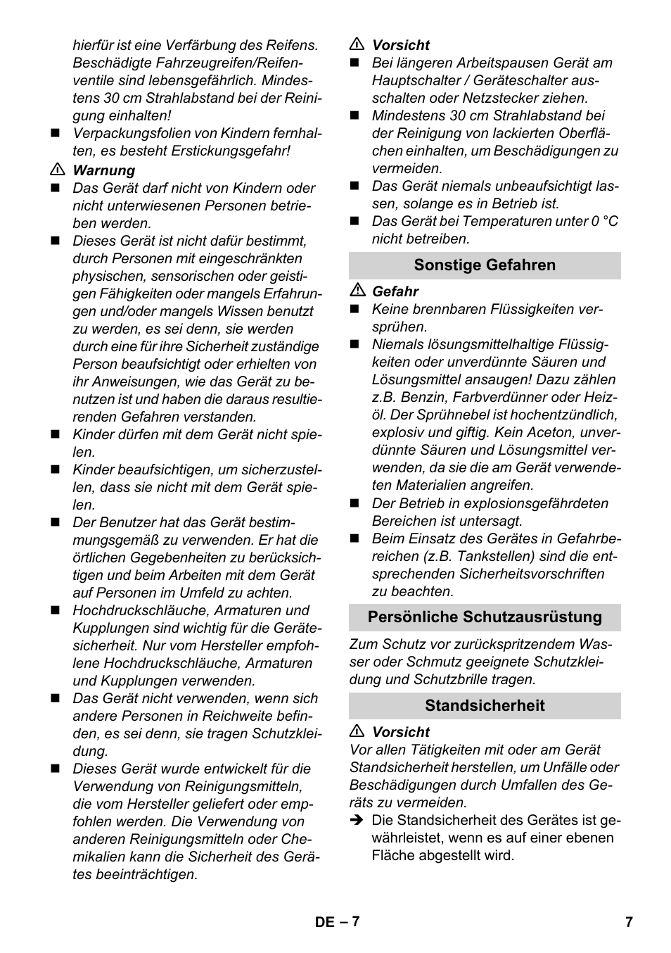 Sonstige gefahren, Persönliche schutzausrüstung, Standsicherheit | Karcher K 4 Premium User Manual | Page 7 / 294