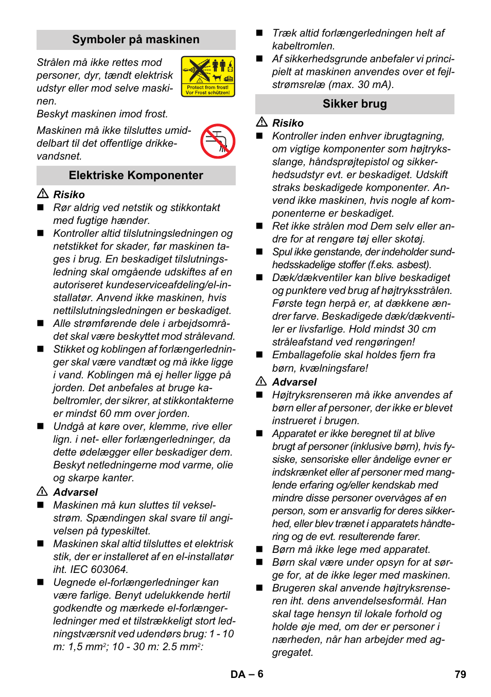 Symboler på maskinen, Elektriske komponenter, Sikker brug | Karcher K 4 Premium User Manual | Page 79 / 294