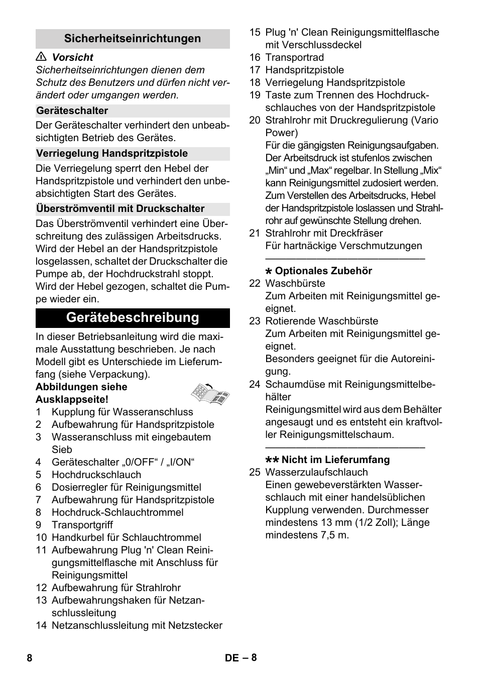 Sicherheitseinrichtungen, Geräteschalter, Verriegelung handspritzpistole | Überströmventil mit druckschalter, Gerätebeschreibung | Karcher K 4 Premium User Manual | Page 8 / 294