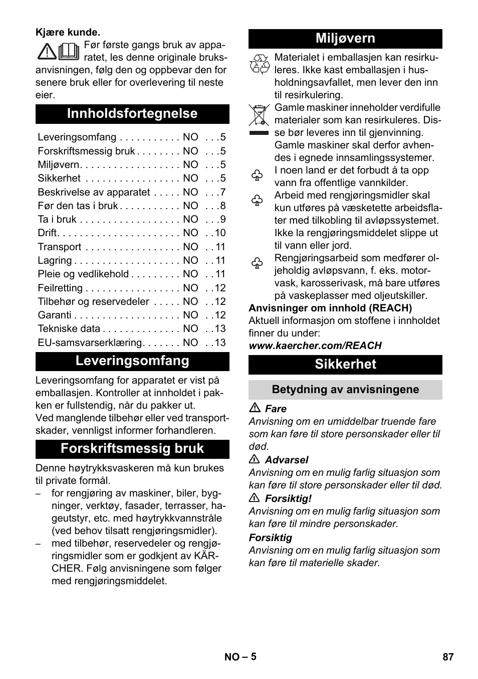 Norsk, Innholdsfortegnelse, Leveringsomfang | Forskriftsmessig bruk, Miljøvern, Sikkerhet, Betydning av anvisningene | Karcher K 4 Premium User Manual | Page 87 / 294