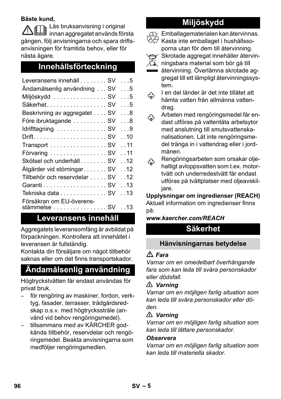 Svenska, Innehållsförteckning, Leveransens innehåll | Ändamålsenlig användning, Miljöskydd, Säkerhet, Hänvisningarnas betydelse | Karcher K 4 Premium User Manual | Page 96 / 294