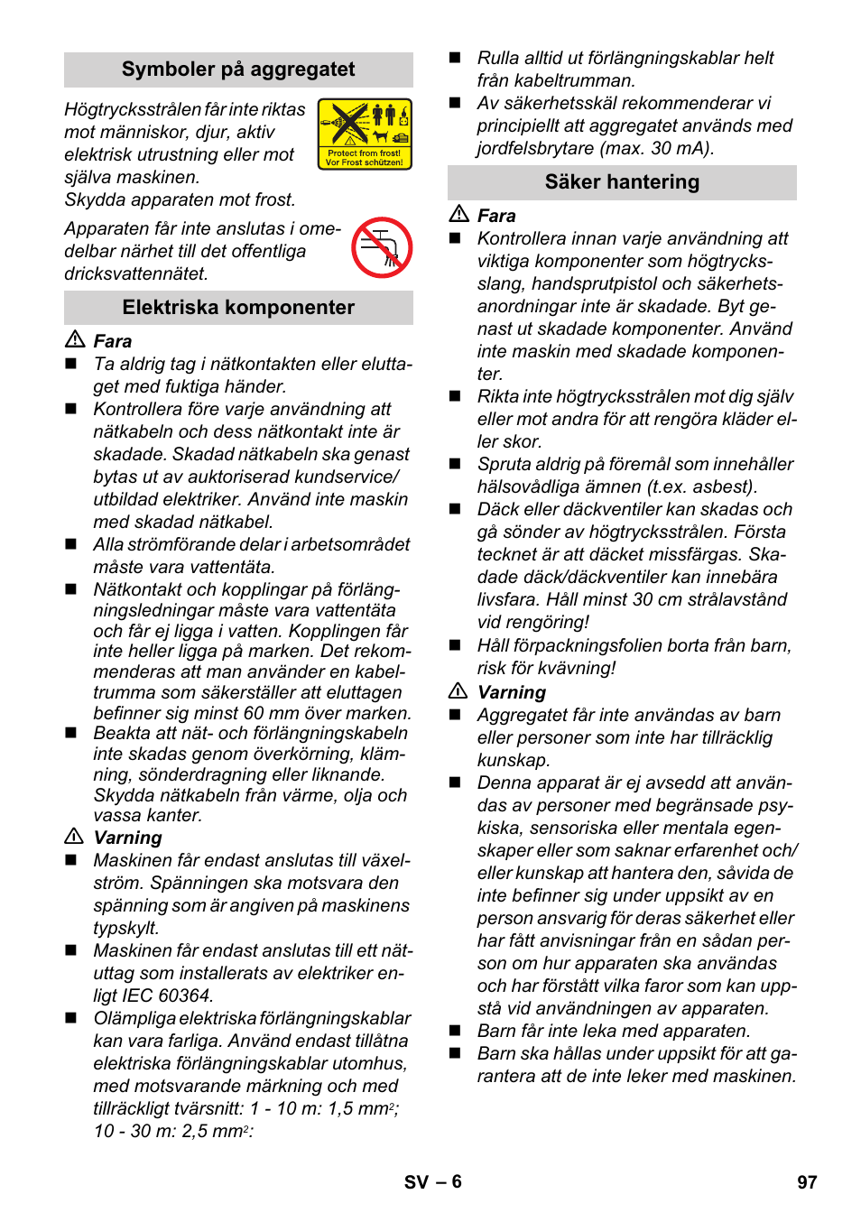 Symboler på aggregatet, Elektriska komponenter, Säker hantering | Karcher K 4 Premium User Manual | Page 97 / 294