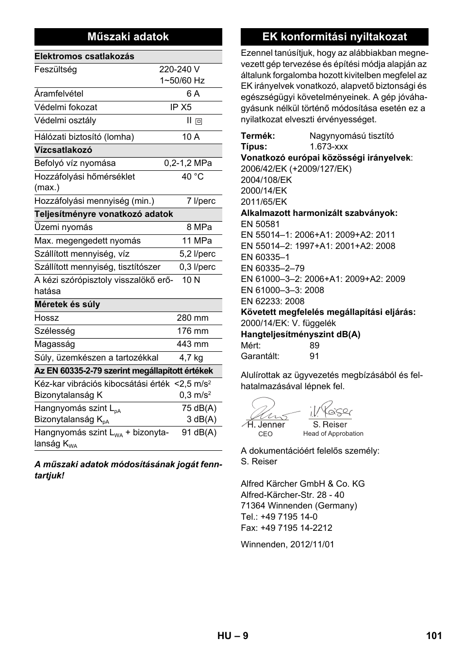 Műszaki adatok, Ek konformitási nyiltakozat | Karcher K 2 Basic User Manual | Page 101 / 180