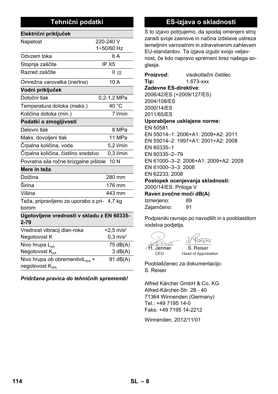 Tehnični podatki, Es-izjava o skladnosti | Karcher K 2 Basic User Manual | Page 114 / 180