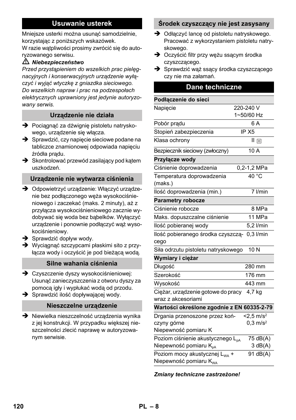 Usuwanie usterek, Dane techniczne | Karcher K 2 Basic User Manual | Page 120 / 180