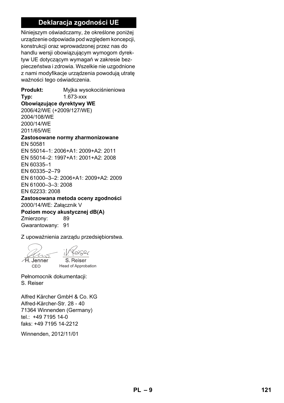 Deklaracja zgodności ue | Karcher K 2 Basic User Manual | Page 121 / 180