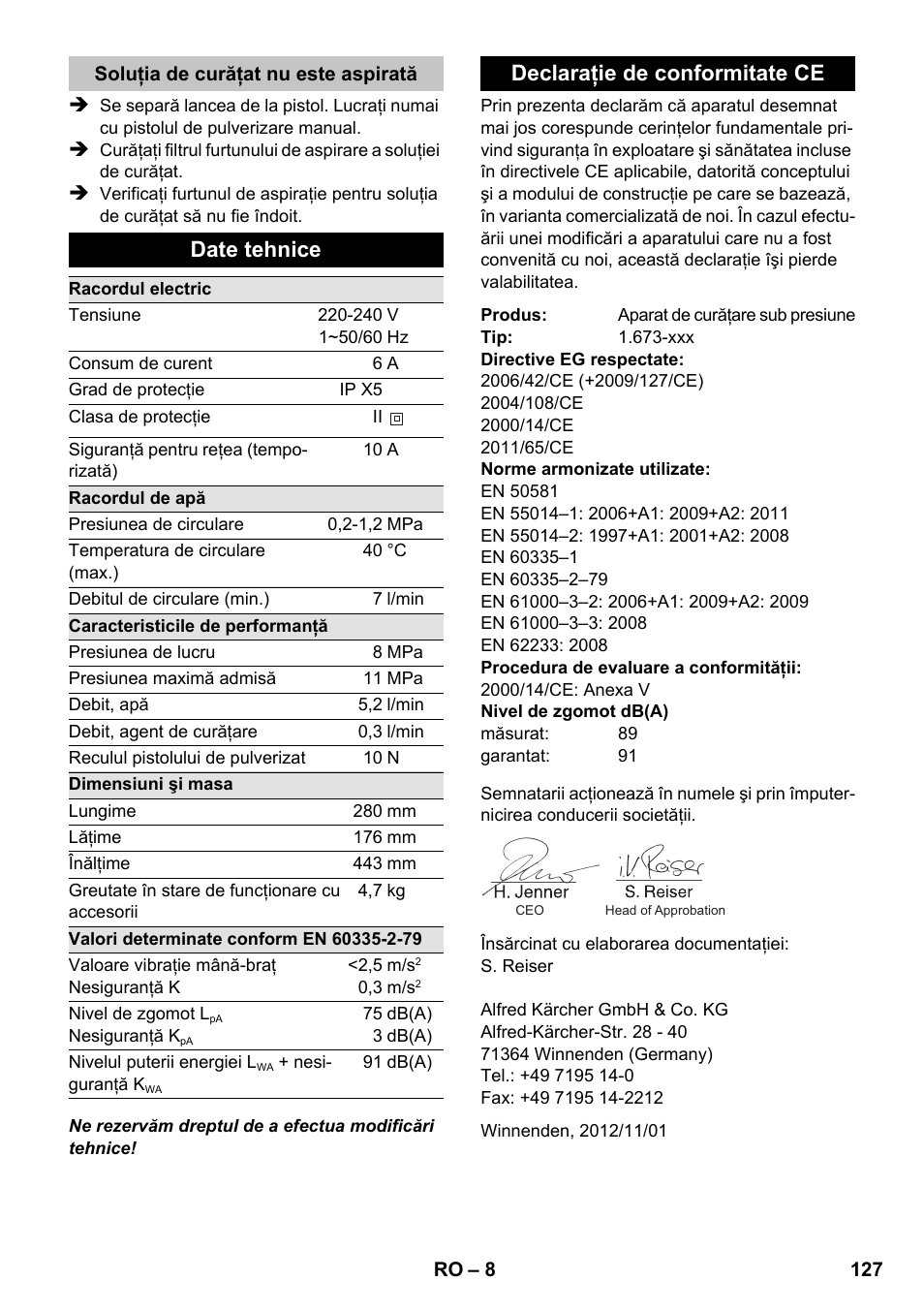 Date tehnice, Declaraţie de conformitate ce | Karcher K 2 Basic User Manual | Page 127 / 180