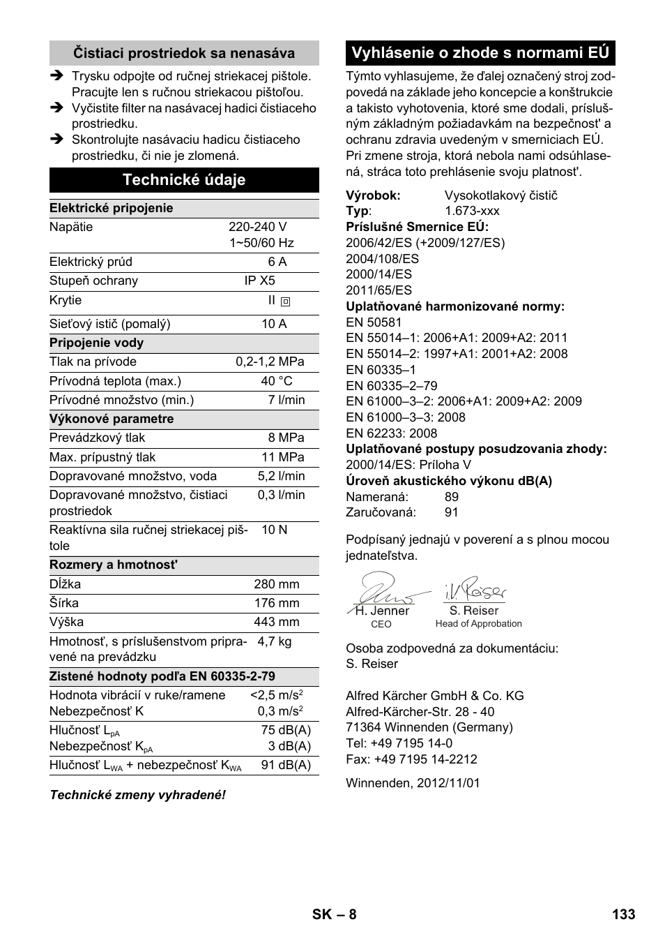 Technické údaje, Vyhlásenie o zhode s normami eú | Karcher K 2 Basic User Manual | Page 133 / 180