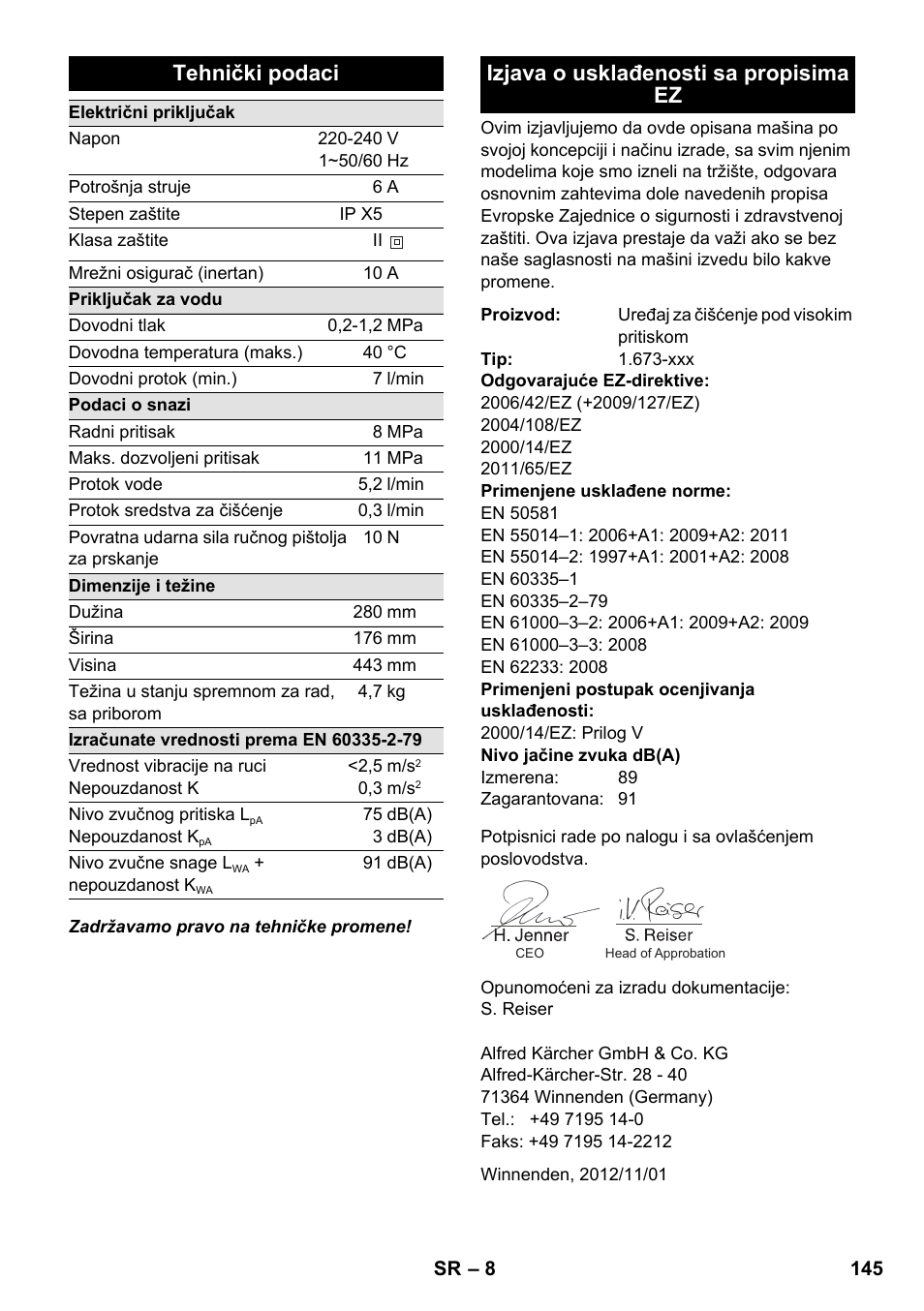 Tehnički podaci, Izjava o usklađenosti sa propisima ez | Karcher K 2 Basic User Manual | Page 145 / 180