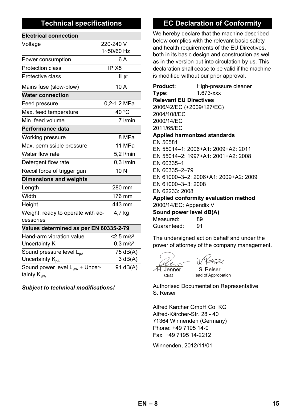 Technical specifications, Ec declaration of conformity | Karcher K 2 Basic User Manual | Page 15 / 180