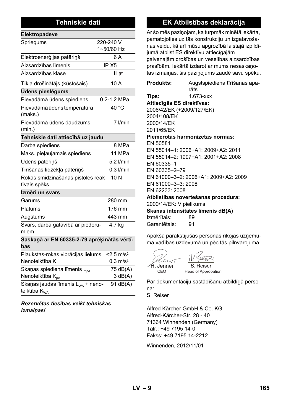 Tehniskie dati, Ek atbilstības deklarācija | Karcher K 2 Basic User Manual | Page 165 / 180